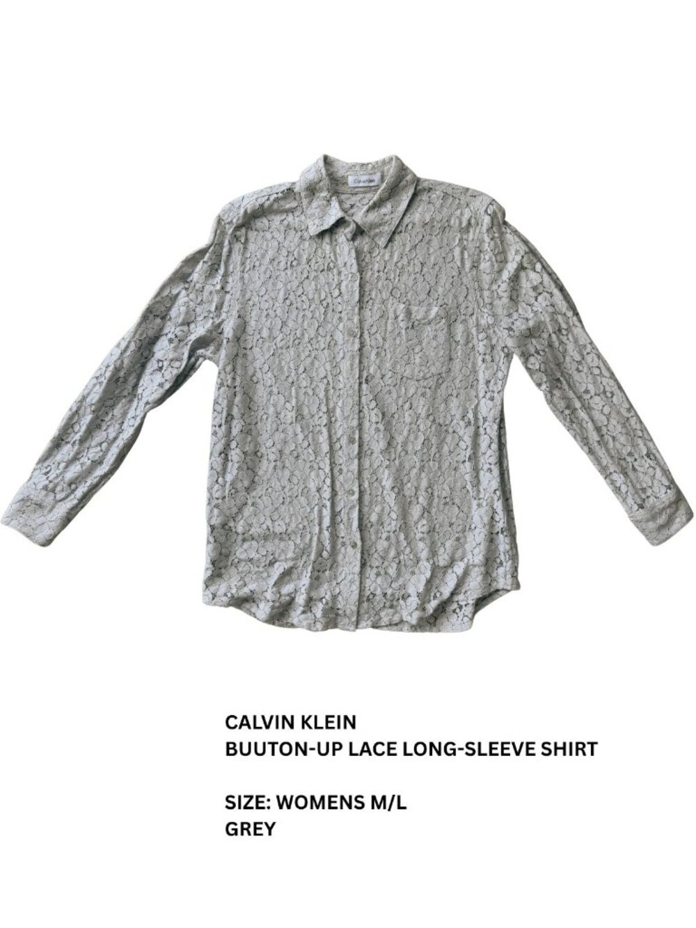 Calvin Klein Gray Floral Lace Button-Up Shirt Blouse Women’s M/L